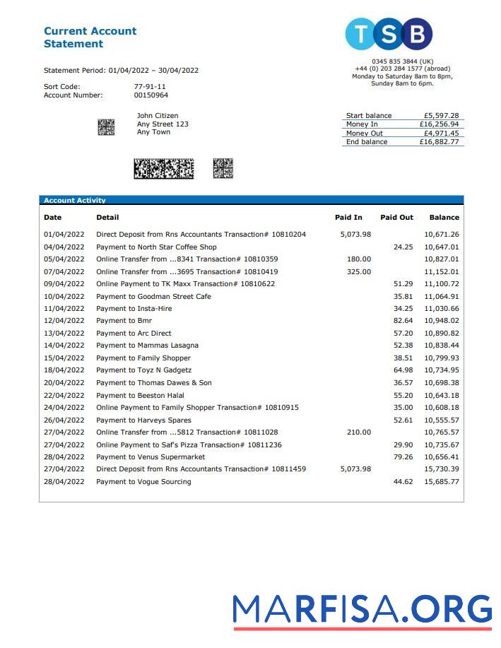 Printable United Kingdom TSB bank statement word real example
